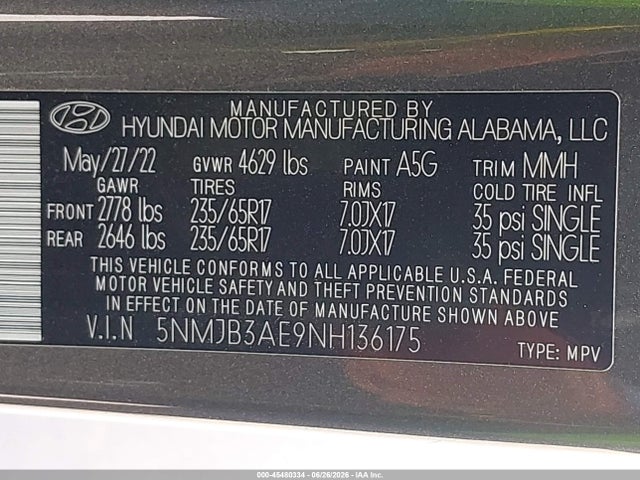 Aukcja sprzedaży 2022 Hyundai Tucson Sel, vin: 5NMJB3AE9NH136175, numer aukcji: 45480334