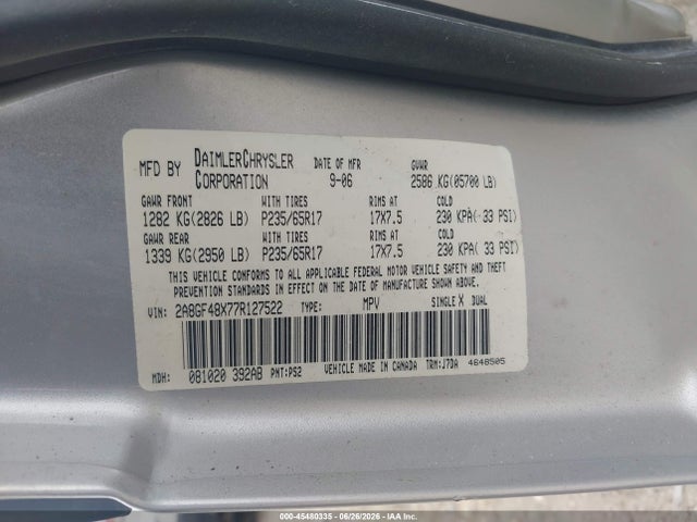 Aukcja sprzedaży 2007 Chrysler Pacifica, vin: 2A8GF48X77R127522, numer aukcji: 45480335