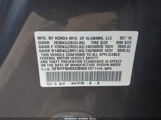 Honda Pilot Elite 2016 5FNYF6H0XGB066107 Image 9