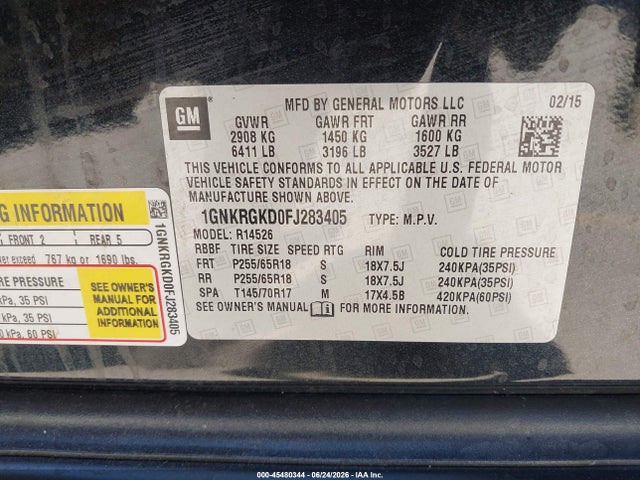 Chevrolet Traverse Lt 2015 1GNKRGKD0FJ283405 Image 9