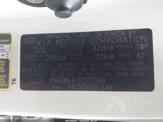 45480357 :رقم المزاد ، KNAGM4A71D5371910 vin ، 2013 Kia Optima Lx مزاد بيع
