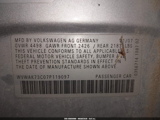 2007 Volkswagen Passat 2.0t/wolfsburg Edition მანქანა იყიდება აუქციონზე, vin: WVWAK73C07P119097, აუქციონის ნომერი: 45480366