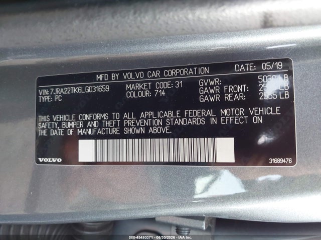 2020 Volvo S60 T6 Momentum მანქანა იყიდება აუქციონზე, vin: 7JRA22TK6LG031659, აუქციონის ნომერი: 45480371