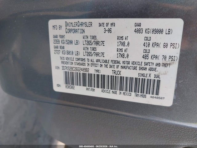 2006 Dodge Ram 2500 Slt/sport მანქანა იყიდება აუქციონზე, vin: 3D7KS28C26G240982, აუქციონის ნომერი: 45480400