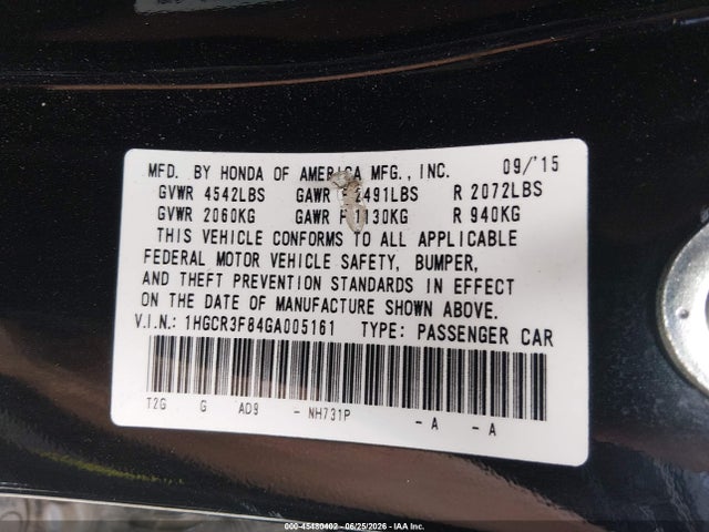 Продажа на аукционе авто 2016 Honda Accord Ex-l V-6, vin: 1HGCR3F84GA005161, номер лота: 45480402