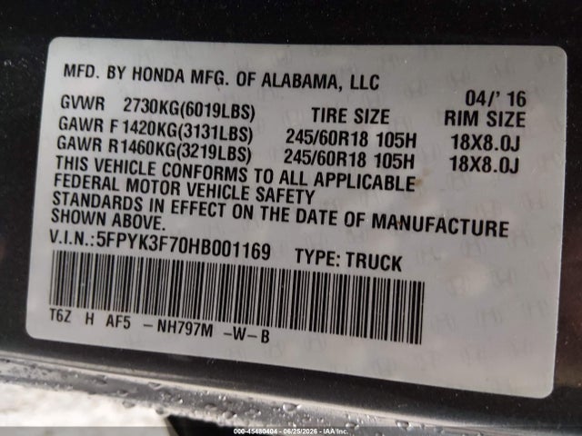 5FPYK3F70HB001169 Honda Ridgeline Rtl-e