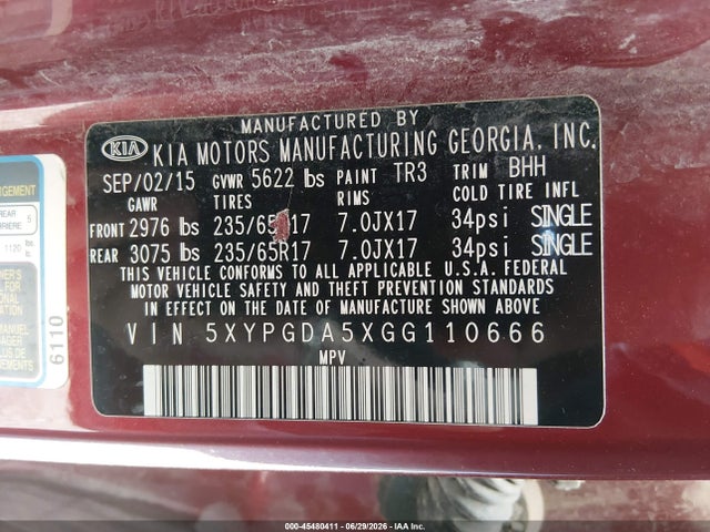 KIA Sorento 3.3l Lx 2016 5XYPGDA5XGG110666 Image 9