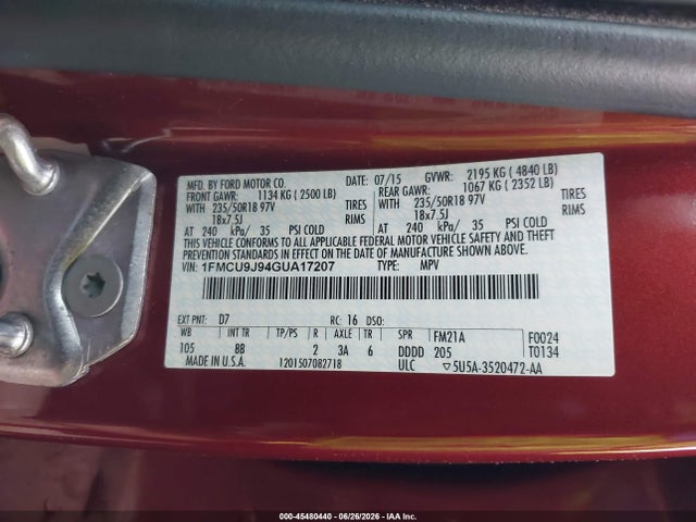 Продаж на аукціоні авто 2016 Ford Escape Titanium, vin: 1FMCU9J94GUA17207, номер лоту: 45480440