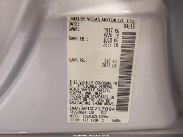 1N4AL3AP1GC217094 Nissan Altima 2.5/2.5 S/2.5 Sl/2.5 Sr/2.5 Sv