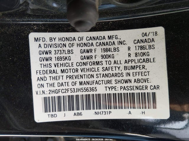Aukcja sprzedaży 2018 Honda Civic Lx, vin: 2HGFC2F53JH556365, numer aukcji: 45480470