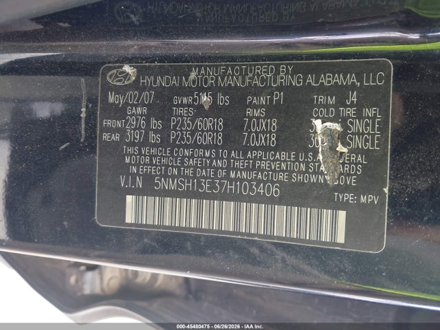 Aukcja sprzedaży 2007 Hyundai Santa Fe Limited/se, vin: 5NMSH13E37H103406, numer aukcji: 45480475