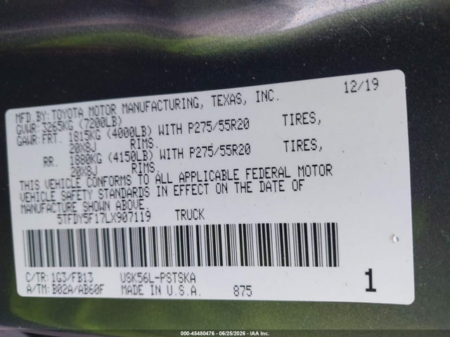 Aukcja sprzedaży 2020 Toyota Tundra Sr5, vin: 5TFDY5F17LX907119, numer aukcji: 45480476