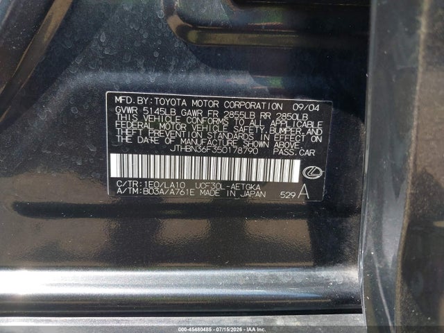 Aukcja sprzedaży 2005 Lexus Ls 430, vin: JTHBN36F350178790, numer aukcji: 45480485