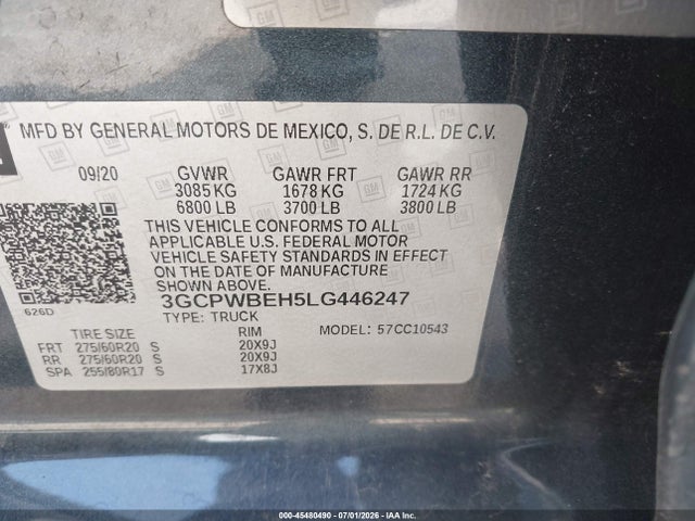 2020 Chevrolet Silverado 1500 2wd  Short Bed Custom მანქანა იყიდება აუქციონზე, vin: 3GCPWBEH5LG446247, აუქციონის ნომერი: 45480490