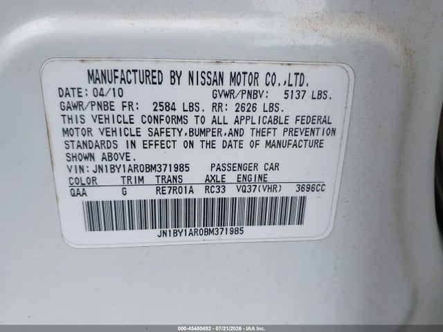 45480492 :رقم المزاد ، JN1BY1AR0BM371985 vin ، 2011 Infiniti M37x مزاد بيع
