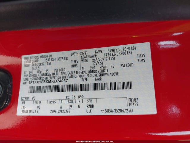 Ford F-150 Lariat/xl/xlt 2021 1FTFX1E8XMK074037 Image 9