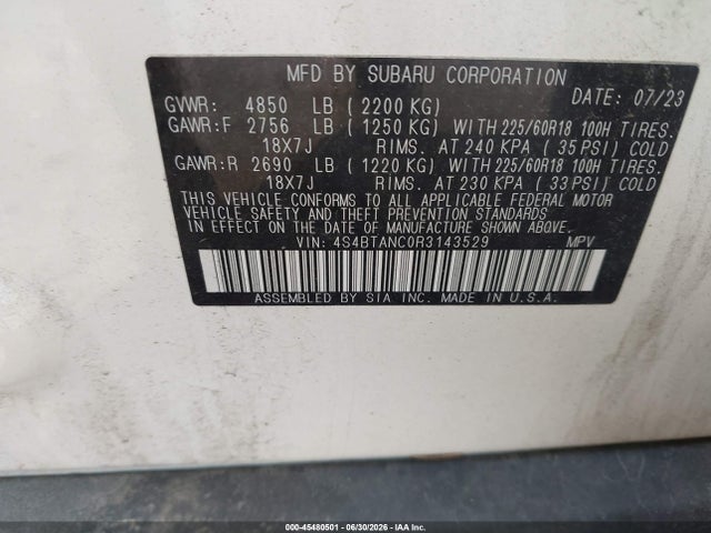 Aukcja sprzedaży 2024 Subaru Outback Limited, vin: 4S4BTANC0R3143529, numer aukcji: 45480501