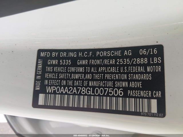 Продаж на аукціоні авто 2016 Porsche Panamera 4, vin: WP0AA2A78GL007506, номер лоту: 45480502
