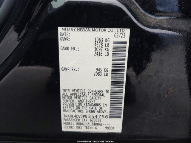 2023 Nissan Altima Sv Fwd მანქანა იყიდება აუქციონზე, vin: 1N4BL4DV3PN354756, აუქციონის ნომერი: 45480506