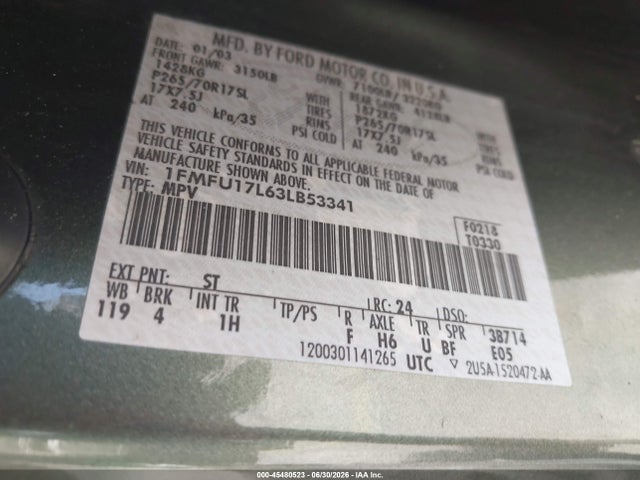 2003 Ford Expedition Eddie Bauer მანქანა იყიდება აუქციონზე, vin: 1FMFU17L63LB53341, აუქციონის ნომერი: 45480523