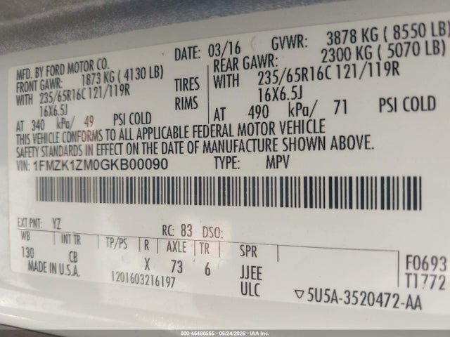 1FMZK1ZM0GKB00090 Ford Transit-150 Xl/xlt