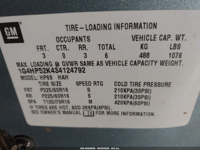 2003 Buick Lesabre Custom მანქანა იყიდება აუქციონზე, vin: 1G4HP52K434124792, აუქციონის ნომერი: 45480556