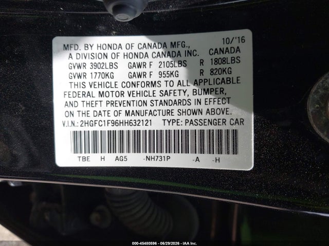 45480596 :رقم المزاد ، 2HGFC1F96HH632121 vin ، 2017 Honda Civic Touring مزاد بيع