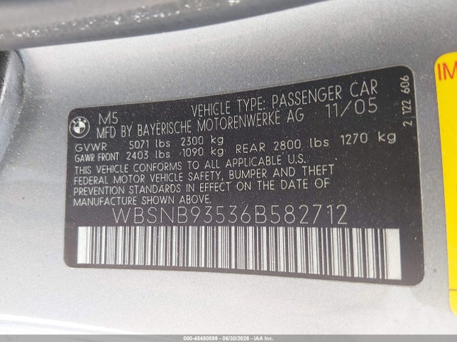 2006 Bmw M5 მანქანა იყიდება აუქციონზე, vin: WBSNB93536B582712, აუქციონის ნომერი: 45480599