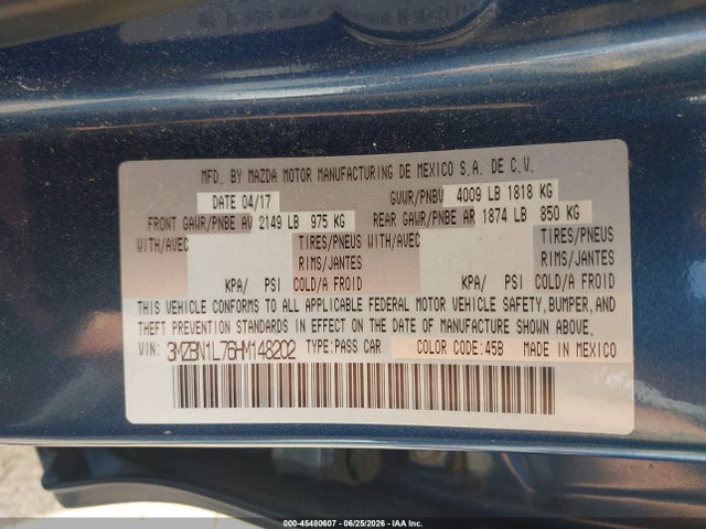 Продажа на аукционе авто 2017 Mazda Mazda3 Touring, vin: 3MZBN1L76HM148202, номер лота: 45480607