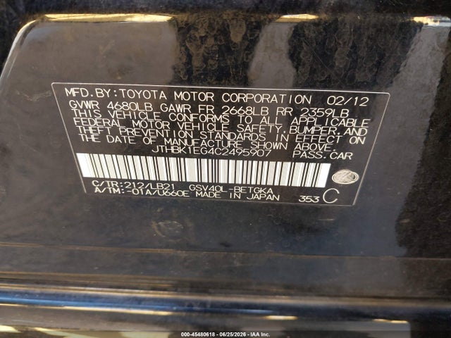 Aukcja sprzedaży 2012 Lexus Es 350, vin: JTHBK1EG4C2495907, numer aukcji: 45480618