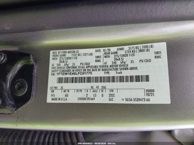 2020 Ford F-150 Xl მანქანა იყიდება აუქციონზე, vin: 1FTEW1E40LFC01775, აუქციონის ნომერი: 45480623