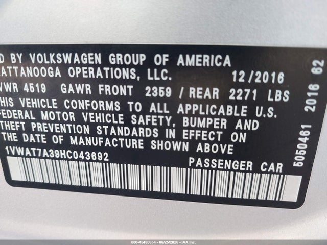 2017 Volkswagen Passat 1.8t S მანქანა იყიდება აუქციონზე, vin: 1VWAT7A39HC043692, აუქციონის ნომერი: 45480654
