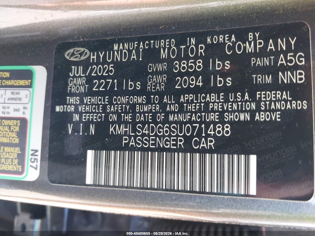 2025 Hyundai Elantra Sel Convenience მანქანა იყიდება აუქციონზე, vin: KMHLS4DG6SU071488, აუქციონის ნომერი: 45480655