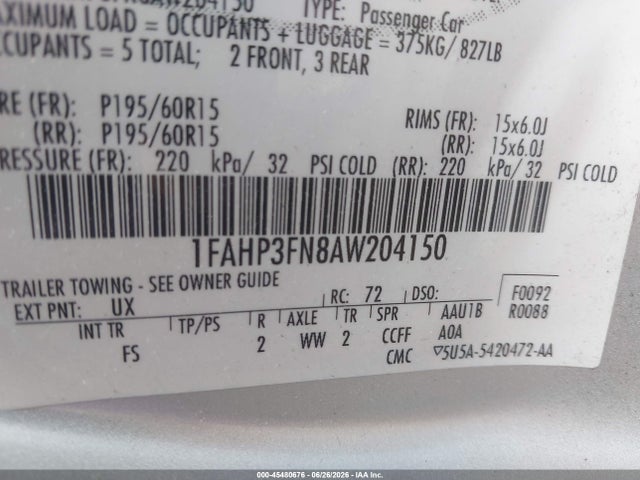 Auction sale of the 2010 Ford Focus Se, vin: 1FAHP3FN8AW204150, lot number: 45480676