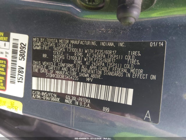 Aukcja sprzedaży 2014 Toyota Sienna Le V6 8 Passenger, vin: 5TDKK3DC8ES454235, numer aukcji: 45480679