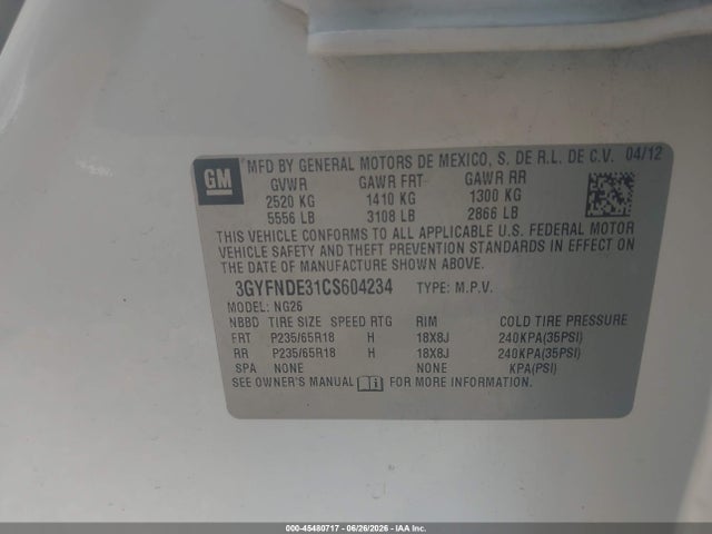 Aukcja sprzedaży 2012 Cadillac Srx Luxury Collection, vin: 3GYFNDE31CS604234, numer aukcji: 45480717