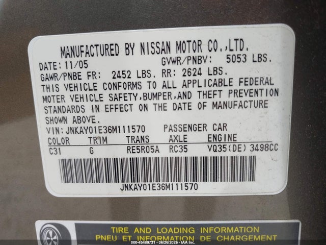 2006 Infiniti M35 მანქანა იყიდება აუქციონზე, vin: JNKAY01E36M111570, აუქციონის ნომერი: 45480731