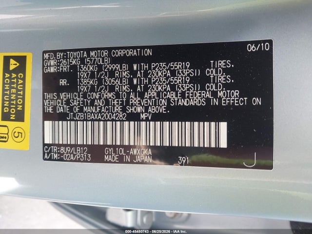 45480743 :رقم المزاد ، JTJZB1BAXA2004282 vin ، 2010 Lexus Rx 450h مزاد بيع