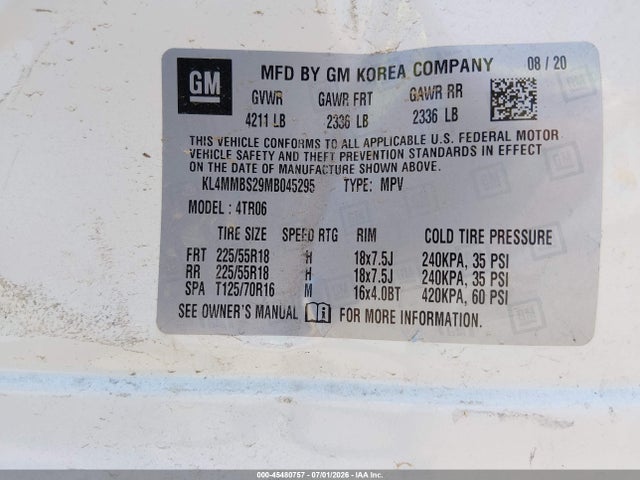 45480757 :رقم المزاد ، KL4MMBS29MB045295 vin ، 2021 Buick Encore Gx Fwd Preferred مزاد بيع