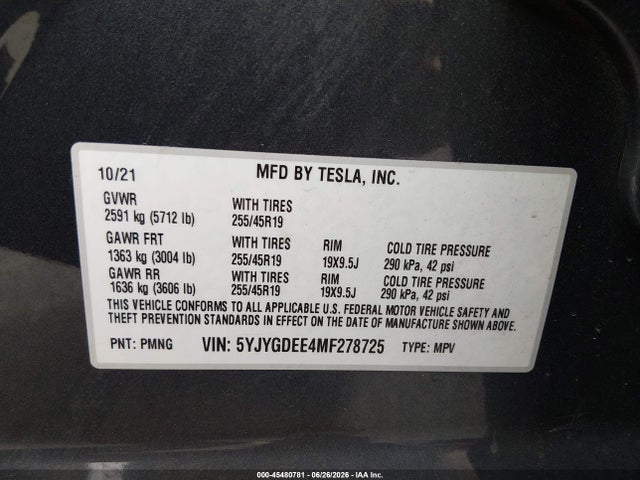 5YJYGDEE4MF278725 Tesla Model Y Long Range Dual Motor All-wheel Drive