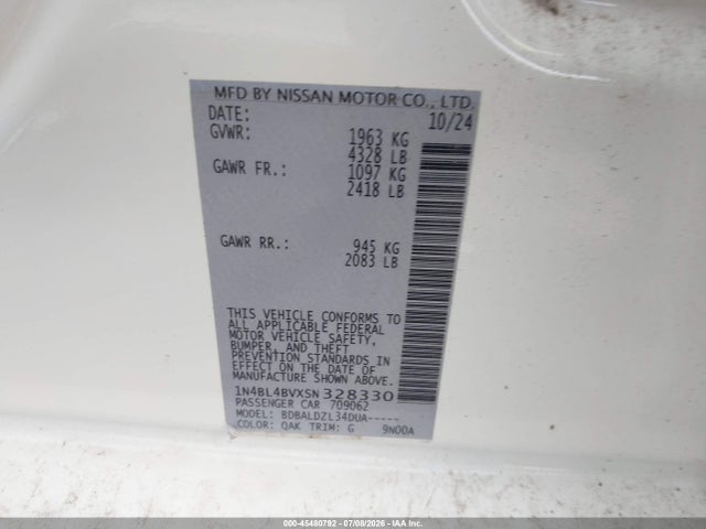 2025 Nissan Altima S Fwd მანქანა იყიდება აუქციონზე, vin: 1N4BL4BVXSN328330, აუქციონის ნომერი: 45480792