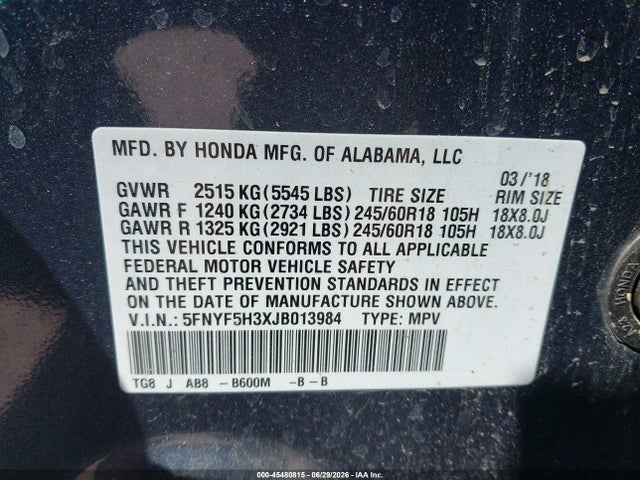 Honda Pilot Ex 2018 5FNYF5H3XJB013984 Image 9