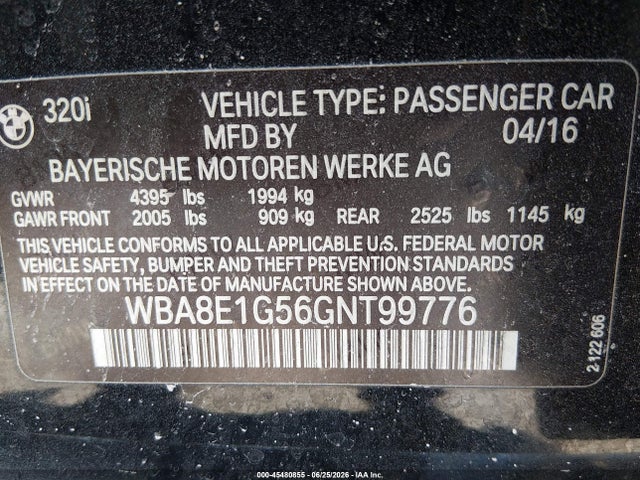 2016 Bmw 320i მანქანა იყიდება აუქციონზე, vin: WBA8E1G56GNT99776, აუქციონის ნომერი: 45480855