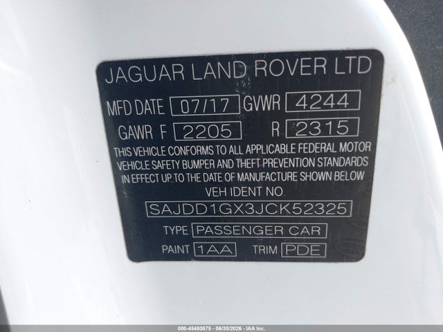 2018 Jaguar F-type 296hp მანქანა იყიდება აუქციონზე, vin: SAJDD1GX3JCK52325, აუქციონის ნომერი: 45480875