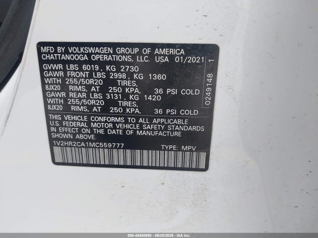 1V2HR2CA1MC559777 Volkswagen Atlas 3.6l V6 Se W/technology