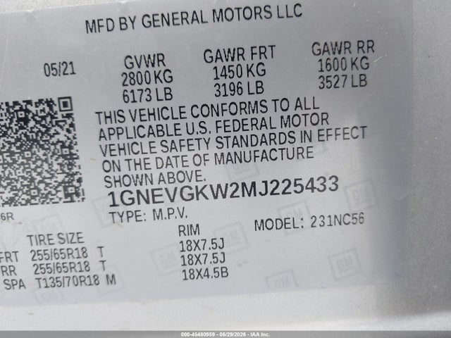 Продажа на аукционе авто 2021 Chevrolet Traverse Awd Lt Cloth, vin: 1GNEVGKW2MJ225433, номер лота: 45480959
