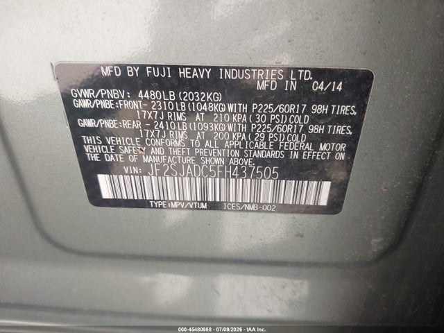 Aukcja sprzedaży 2015 Subaru Forester 2.5i Premium, vin: JF2SJADC5FH437505, numer aukcji: 45480988