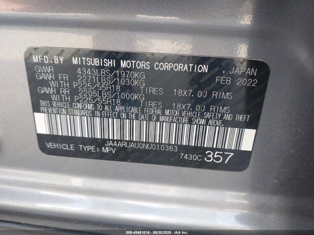 45481016 :رقم المزاد ، JA4ARUAU0NU010363 vin ، 2022 Mitsubishi Outlander Sport 2.0 Le Awc مزاد بيع