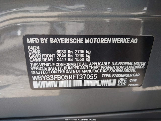 2024 Bmw I4 Gran Coupe Xdrive40 მანქანა იყიდება აუქციონზე, vin: WBY83FB05RFT37055, აუქციონის ნომერი: 45481028