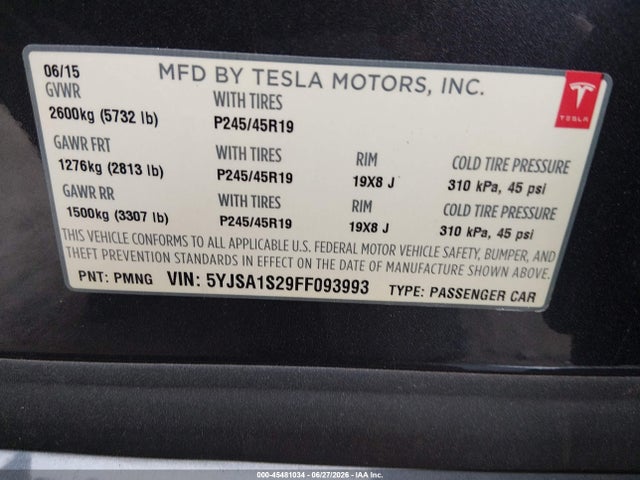 Tesla Model S 70d/85d/p85d 2015 5YJSA1S29FF093993 Image 9
